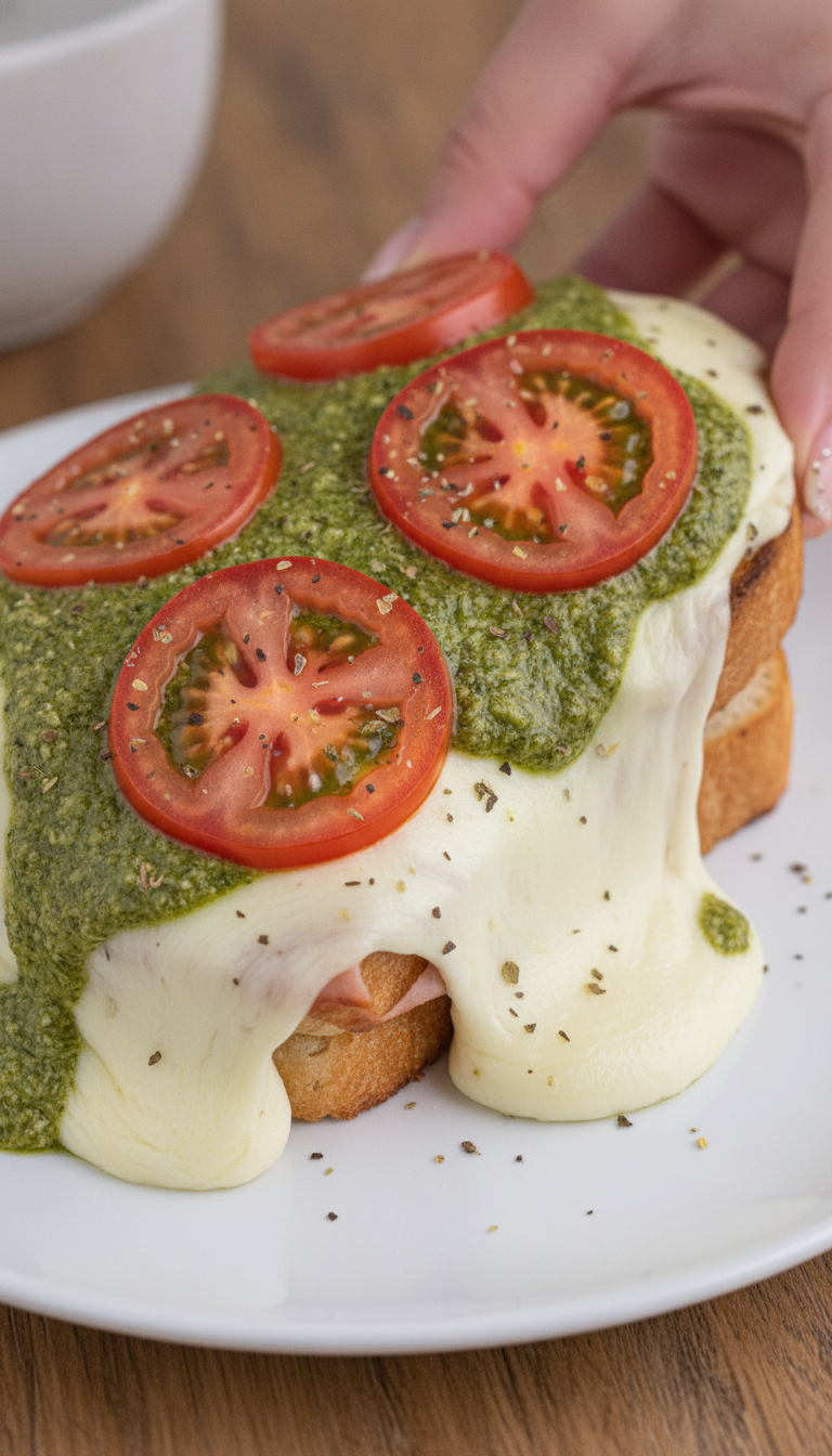 Queijo derretido com pesto: Descubra o sanduíche de forno que vai mudar seu lanche!